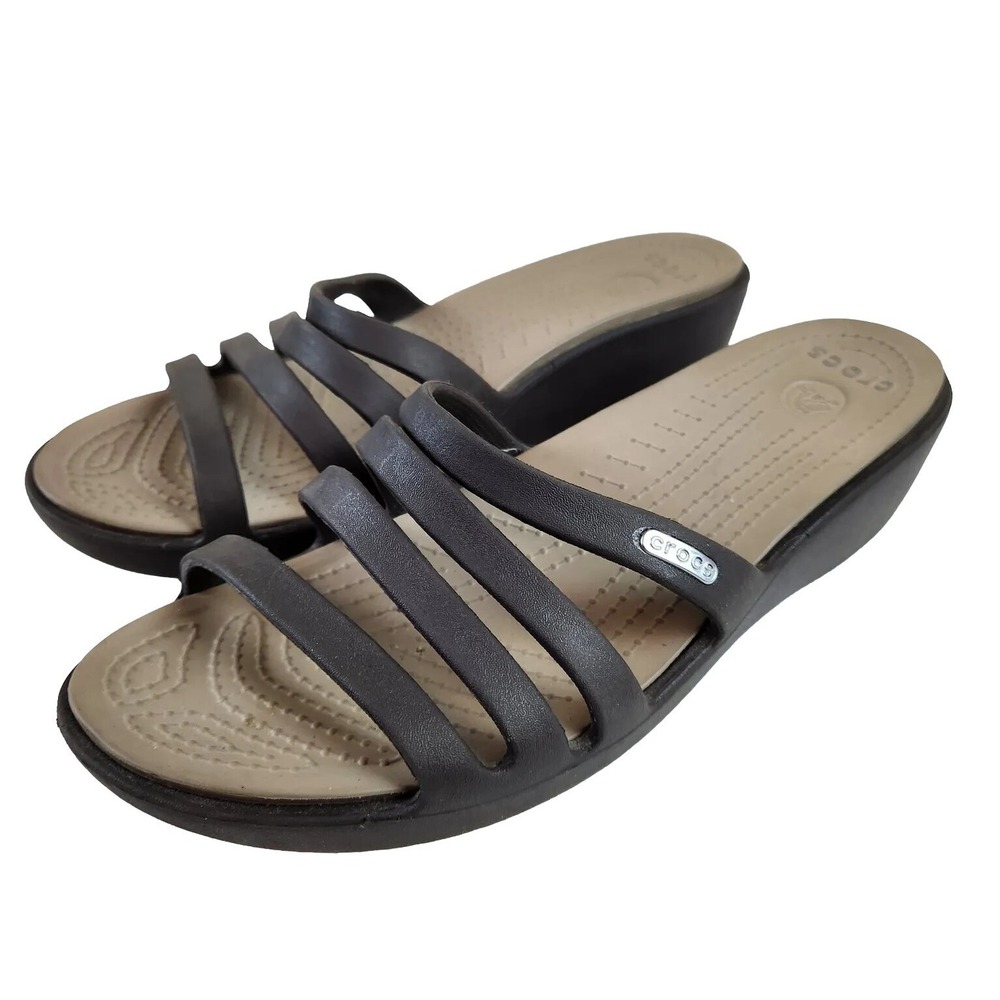 Crocs Womens Rhonda Comfort Sandals US 9 Dark Brown Strappy Slip on Slides Shoe